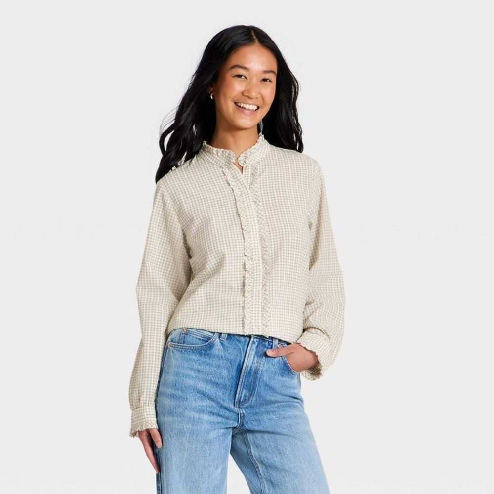 Women's Ruffle Long Sleeve Button-Up Ruff Collared Neck Blouse - Cream Plaid S